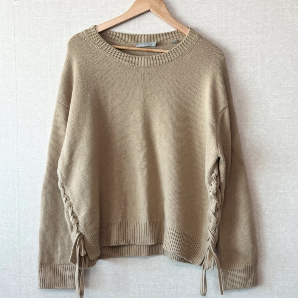 VINCE Oversized Cashmere Crewneck Lace Tie Sweater Tan Size Medium EUC